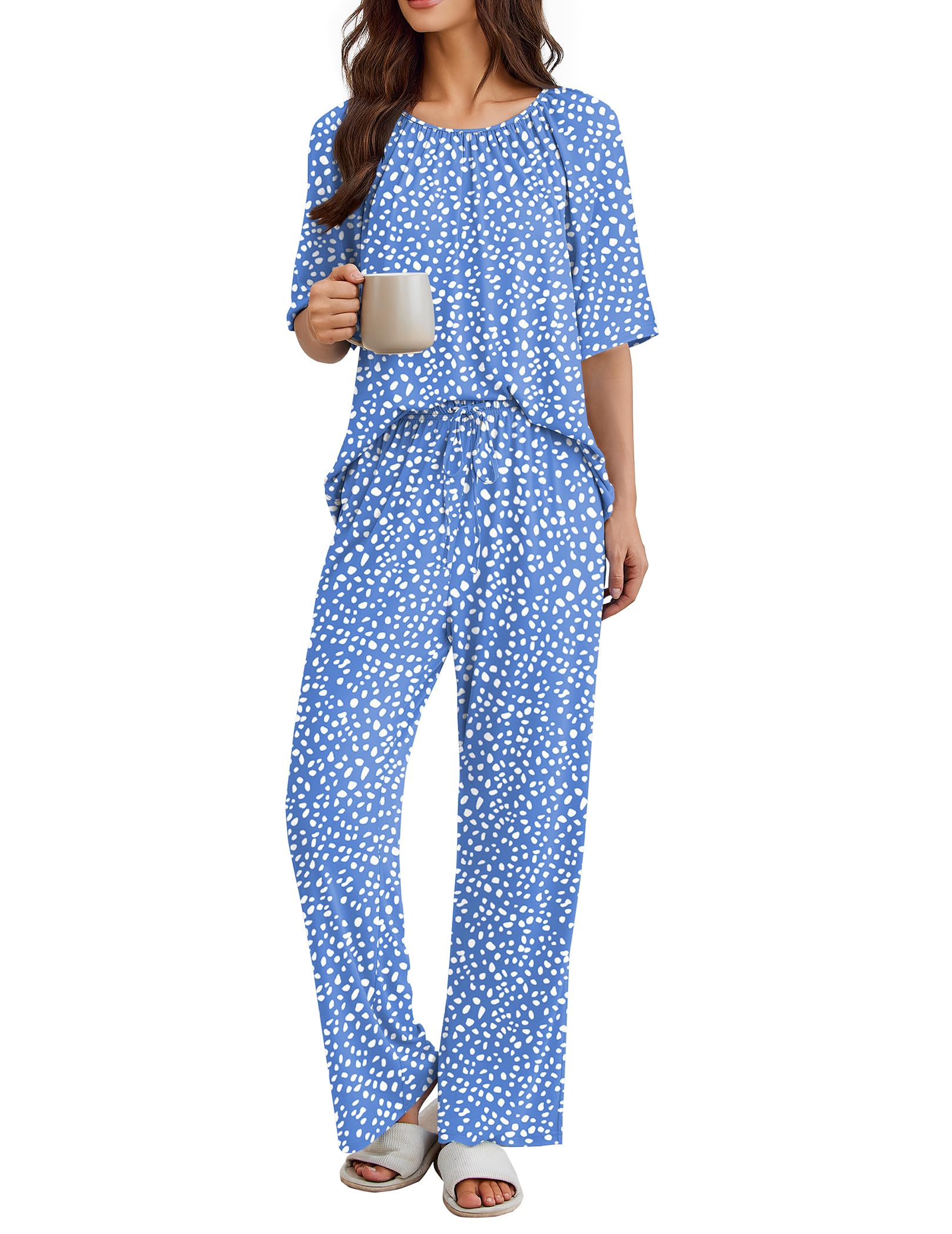 Ekouaer Pajamas for Women Set Short Sleeve Printe Lounge Sets Soft Pjs Round Neck Loungewear with Pockets S-XXL