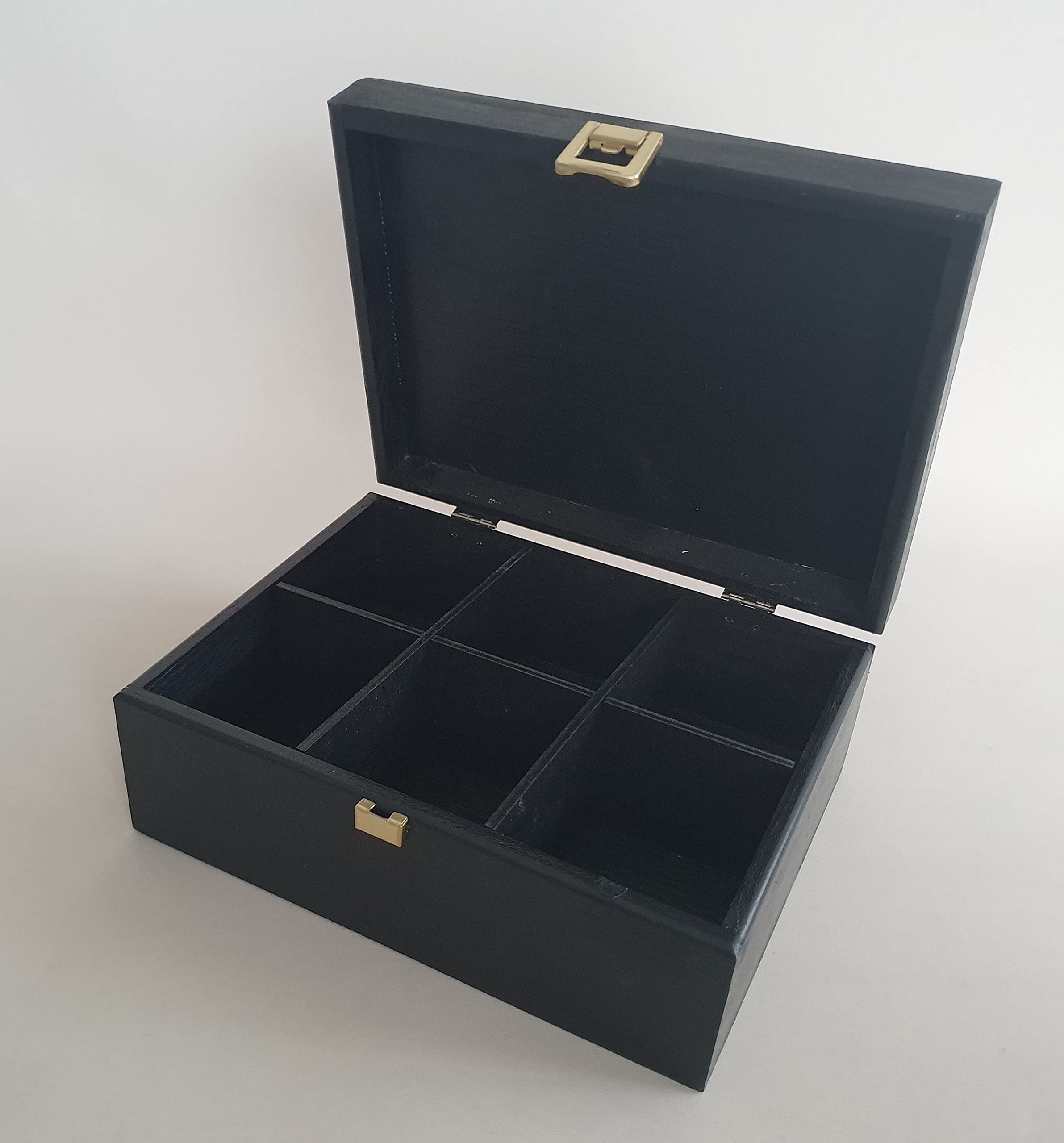 Black Pine Wood Solid Wooden Box Storage Organiser 6 Removable Compartments Jewellery Watches Rings Earring Bracelet Caddy Chest With Lid Hasp