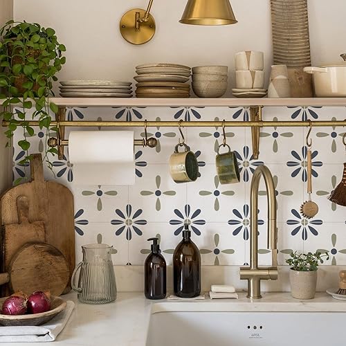 Alwayspon 12 calcomanías de azulejos de pared retro florales mate para despegar y pegar, calcomanías de vinilo autoadhesivas para azulejos de cocina
