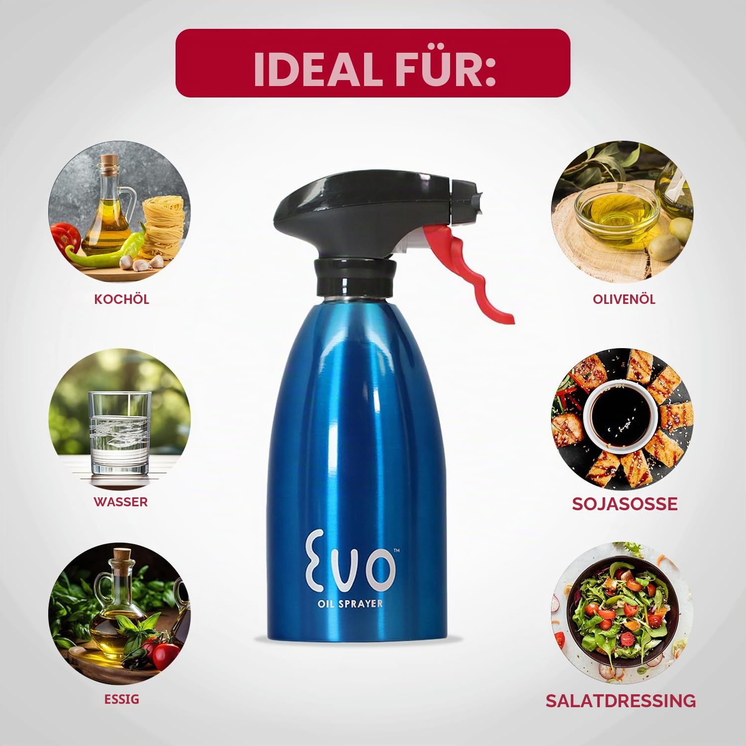 Evo Oil Sprayer 8113BL Evo Ölsprühflasche ohne Aerosol für Olivenöl und Speiseöle, Edelstahl, blau