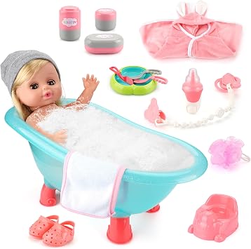 SUKIPIN 14in Baby Doll Bath Playset, Pretend Gifts for Girls 3-5 | Doll Bathtub Pretend Toys with Accessories, Educational Role Play Gift for Girls 3-6, Birthday & Easter Basket Fillers