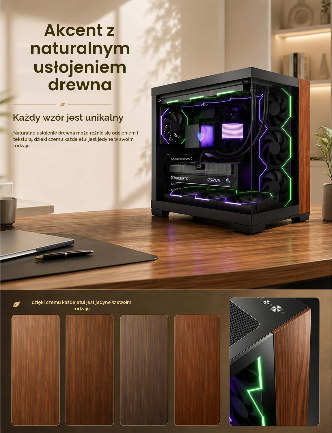 AsiaHorse SCUTUM ATX PC obudowa, panoramiczna środkowa wieża z akcentem słojów drewna, tylne połączenie ATX, szkło hartowane 4 mm, wspornik grzejnika 360 mm, typ C 20 Gb/s, wspornik wentylatora