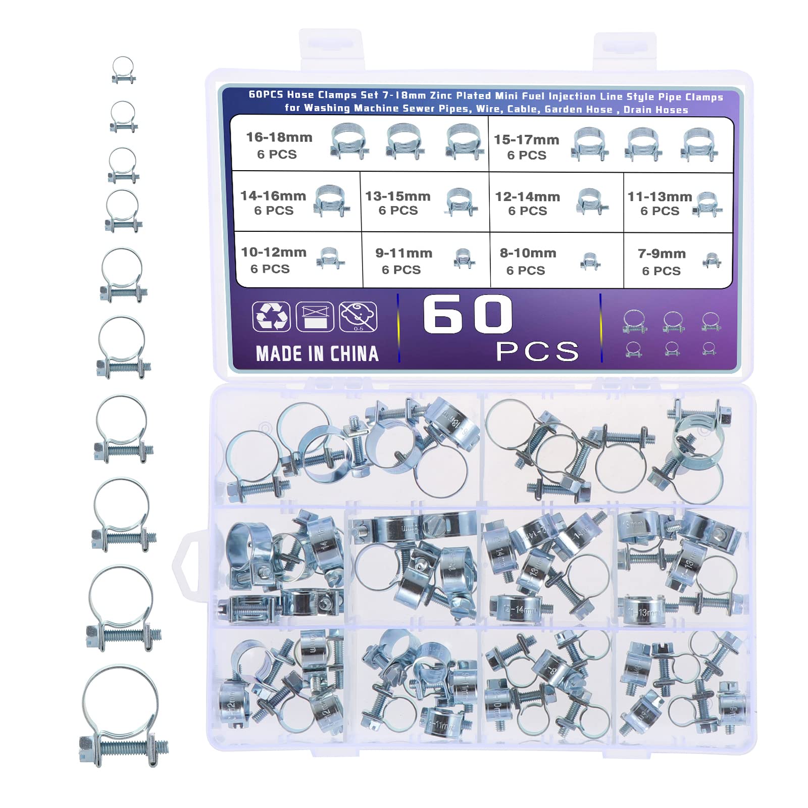 HSEAMALL 140 Pièces Colliers Double Oreille 5-18mm - Pinces à Tuyaux En Acier Zingué Pour Automobile & Plomberie