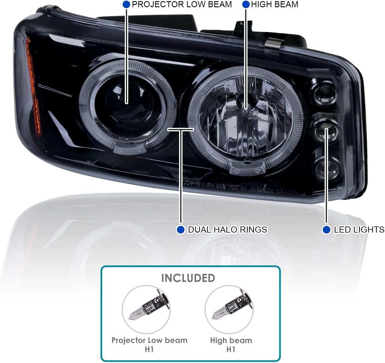 SPEC-D TUNING Glossy Black Housing Light Smoke Lens LED Halo Projector Headlights + Bumper Lights Compatible with 2001-2006 GMC Yukon Denali Models, 2002-2007 GMC Sierra, Left + Right Pair Headlamps