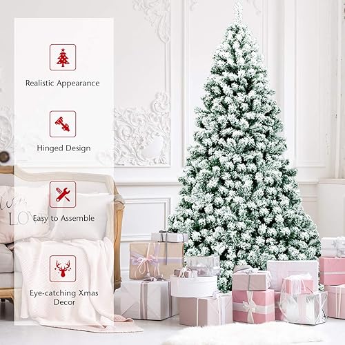Miniatura 5 de Goplus Árbol de Navidad artificial con nieve de 7.5 pies, árbol de Navidad con bisagras nevadas preiluminado con 550 luces LED, 1346 puntas de rama
