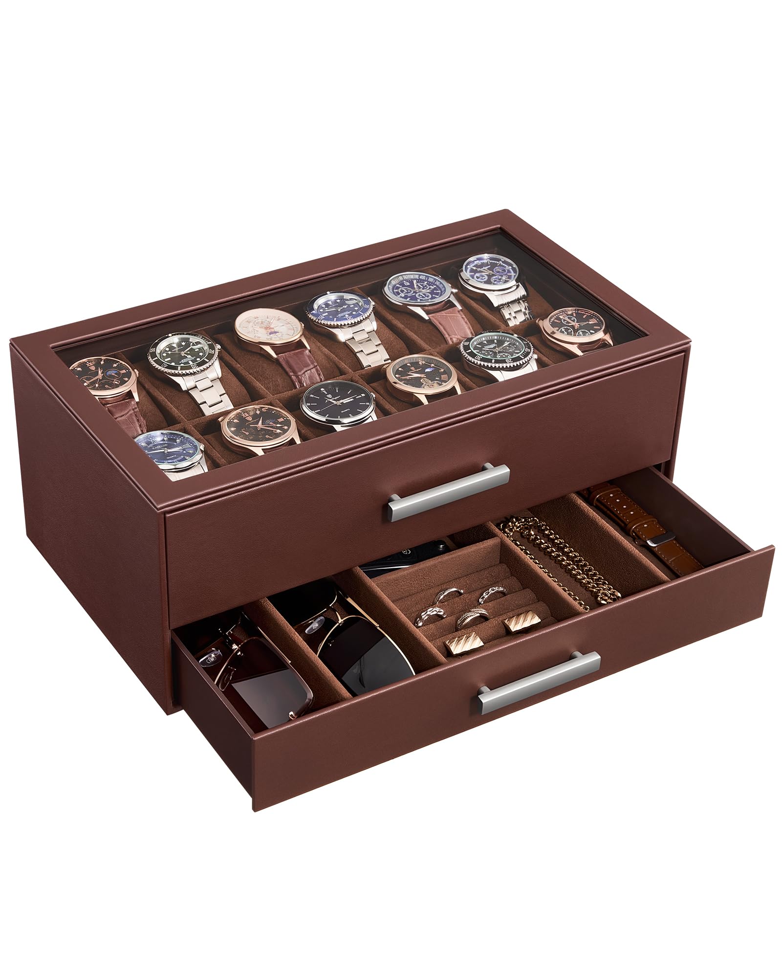 Caja para relojes de 12 ranuras, vitrina de 2 niveles con cajones extraíbles para hombre con tapa transparente, organizador para guardar relojes, joyas y gafas de sol, ideal para marido y pa