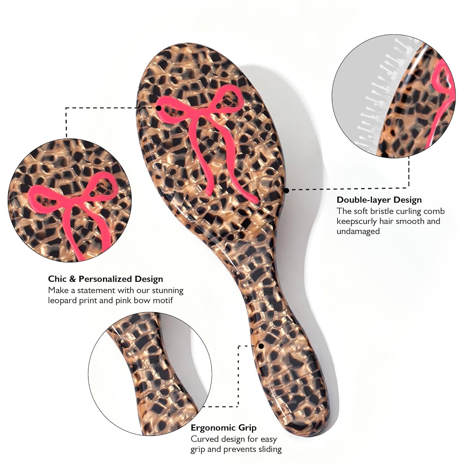 Leopard Print Cellulose Acetate Handle Hair Brush, Flexible Plastic Bristle Detangling Brush with Pink Bow,Cushion Massage Scalp Brush for All Hair Types,Hair Comb for Women Men