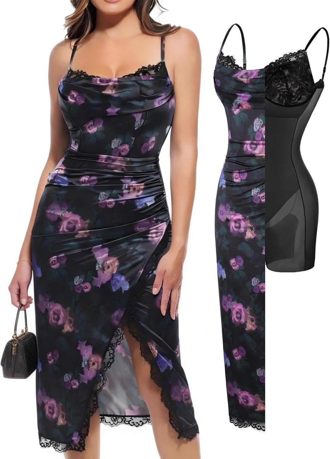 Popilush Shapewear Corset Dress Women's Satin Ruched Midi Dress Cocktail Date Night Classy Dresses with Lace Trim Bra