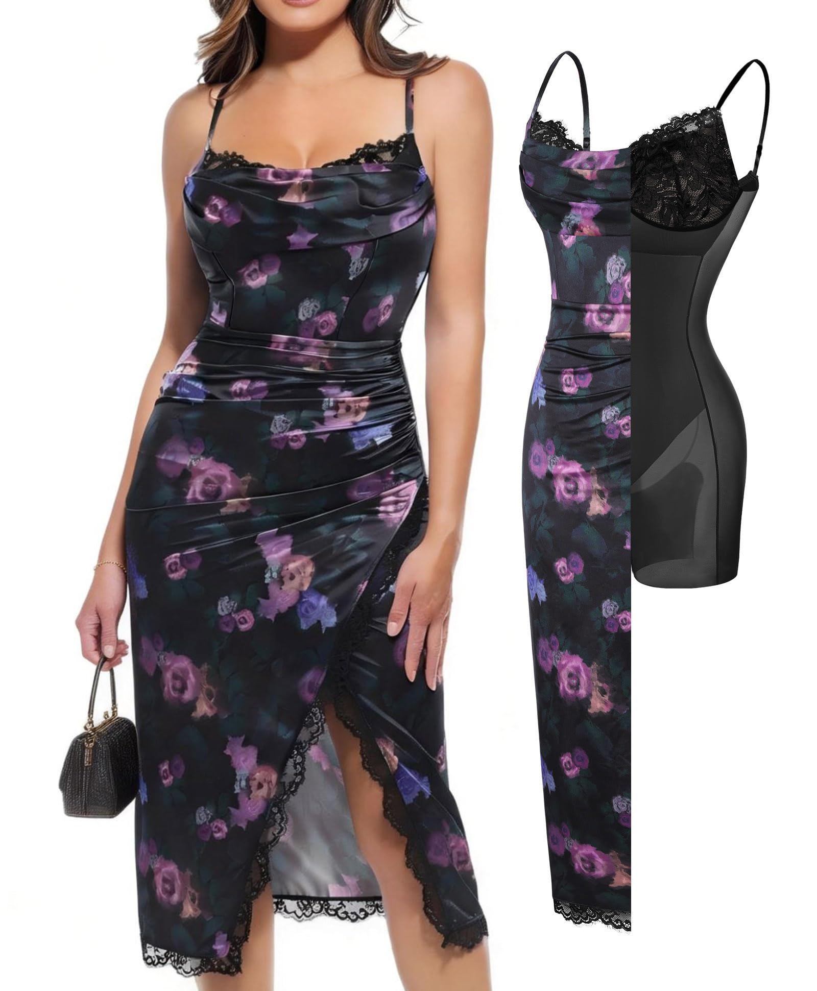 Popilush Shapewear Corset Dress Women's Satin Ruched Midi Dress Cocktail Date Night Classy Dresses with Lace Trim Bra