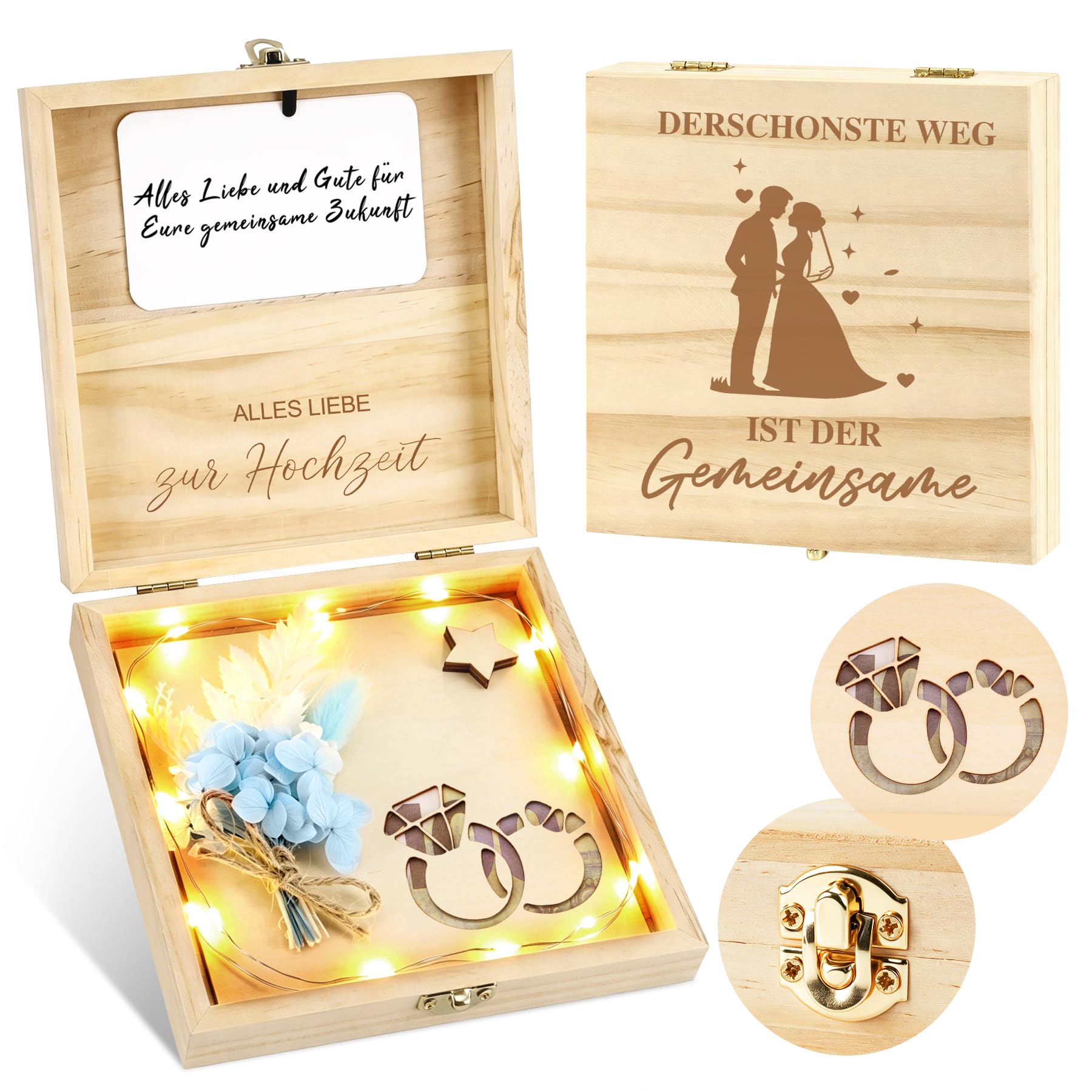 Geldgeschenk Hochzeit, Hochzeitsgeschenke für Brautpaar, LED Geschenkbox mit Trockenblumen und Holzkarte, Geld Spardose Geschenkidee Alles Liebe zur Hochzeit