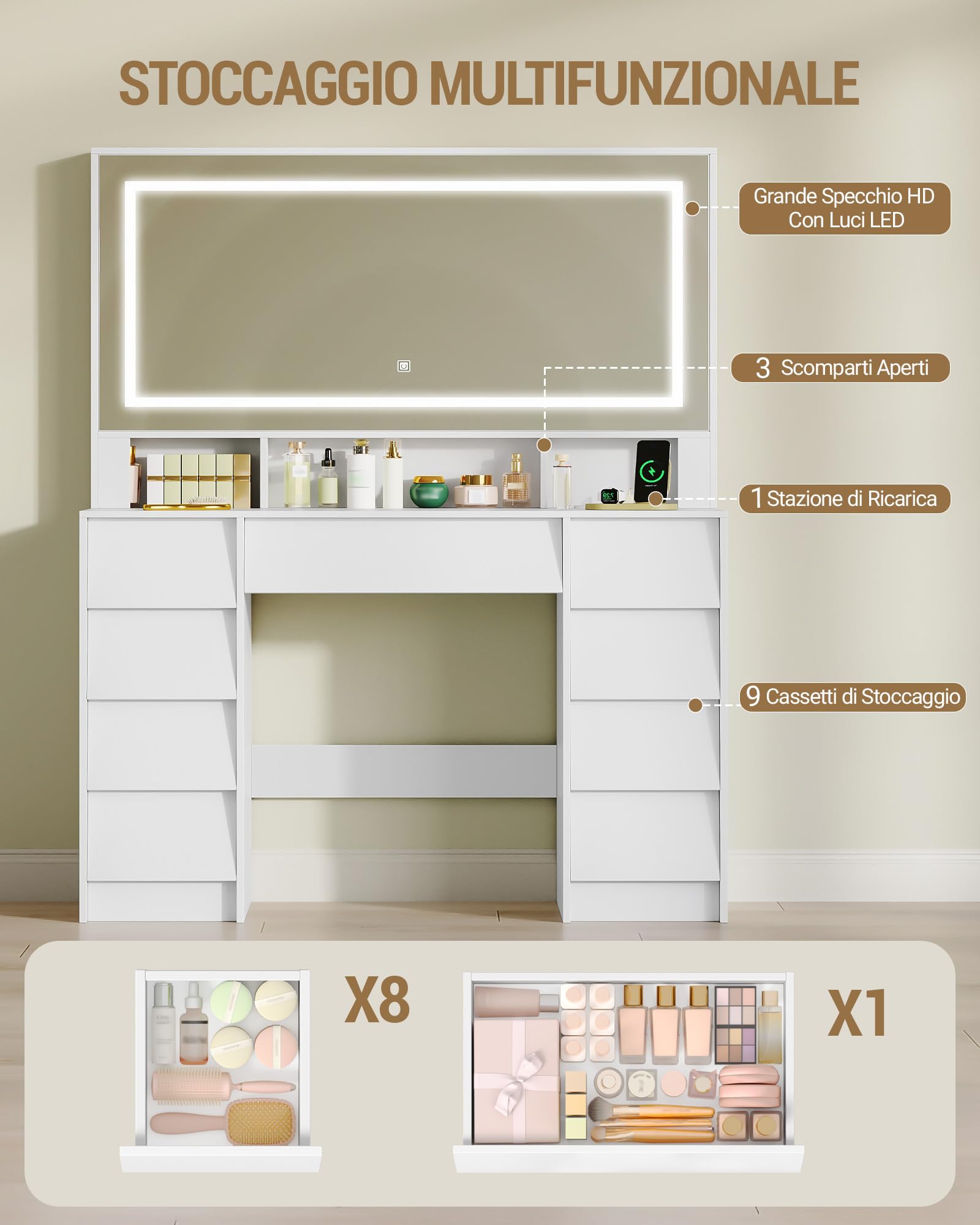 Hzuaneri 108 cm Toeletta Trucco, Postazione Trucco con Grande Specchio HD, Ciabatta Multipresa, Illuminazione a LED, 9 Cassetti, 3 Scomparti Portaoggetti, per Camera da Letto, Bianco 1180303XEU