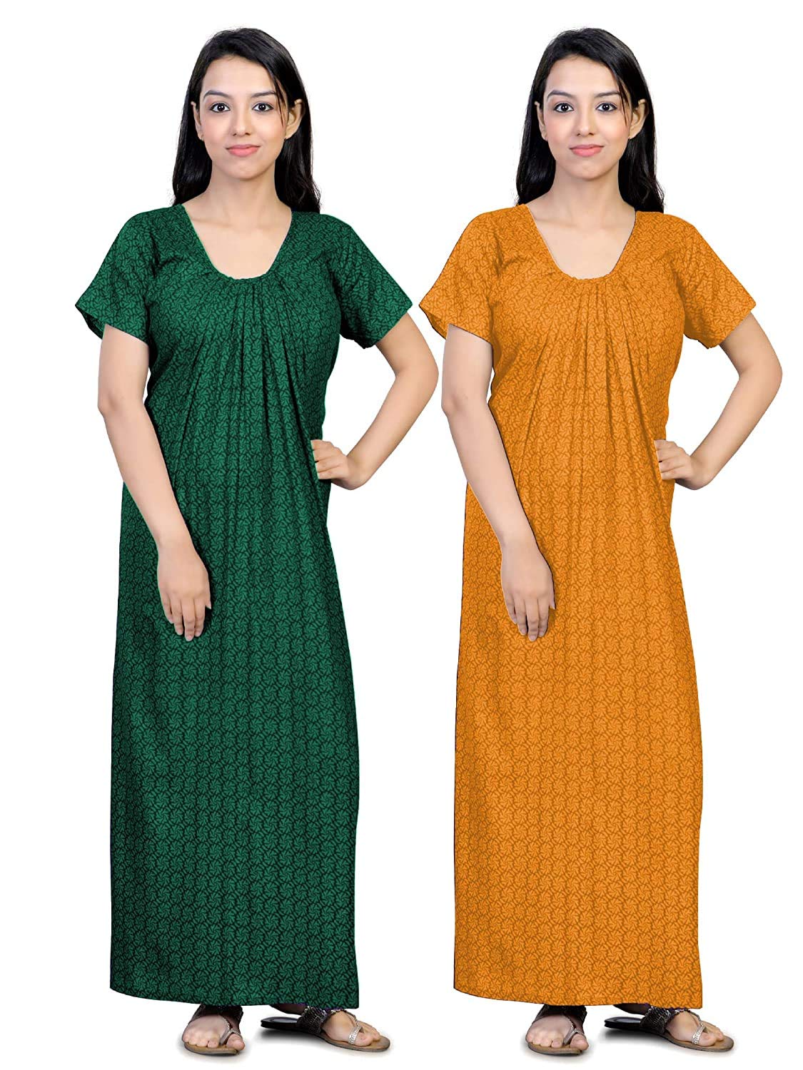 CIERGEWomen's Cotton Abstract Print Maxi Nighty (cierge-new-combo_yellow & Green_free Size)