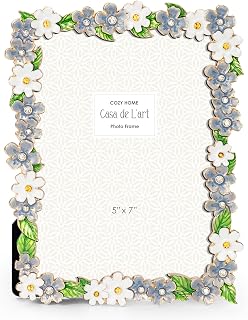 GUOER Flower Picture Frame 5x7 Photo Frames with High Definition Glass Front Gift Ideas Tabletop Home Decorative,Blue & White