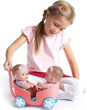 Lil Cutesies TWIN 8.5 All Vinyl Dolls and Stroller Set | Posable and Washable | Removable Outfits |Twin Stroller and Accessory | JC Toys | Ages 2+ , Green
