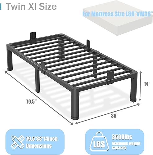Miniatura 3 de Base de cama individual XL de 14 pulgadas con patas de esquina redondas, tapón deslizante de colchón, plataforma de metal resistente de 3500 libras,