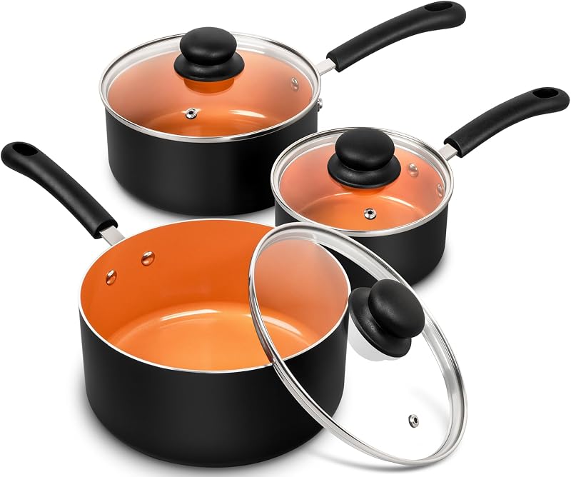 Nonstick Sauce Pan with Lid 1QT, 2QT & 3QT, Ceramic Saucepan Set, Copper Sauce pans, Non-Toxic Saucepan, Multipurpose Cooking Pots Set For Home Kitchen, Compatible induction
