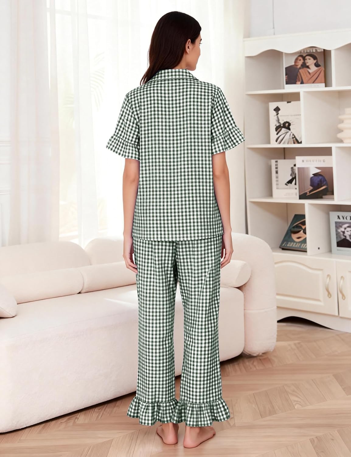 Flygo Womens Plaid Pajamas Sets 2 Piece Cotton Pj Set Ruffled Sleeve Button Down Shirt Gingham Pants Lounge Sets - Image 4