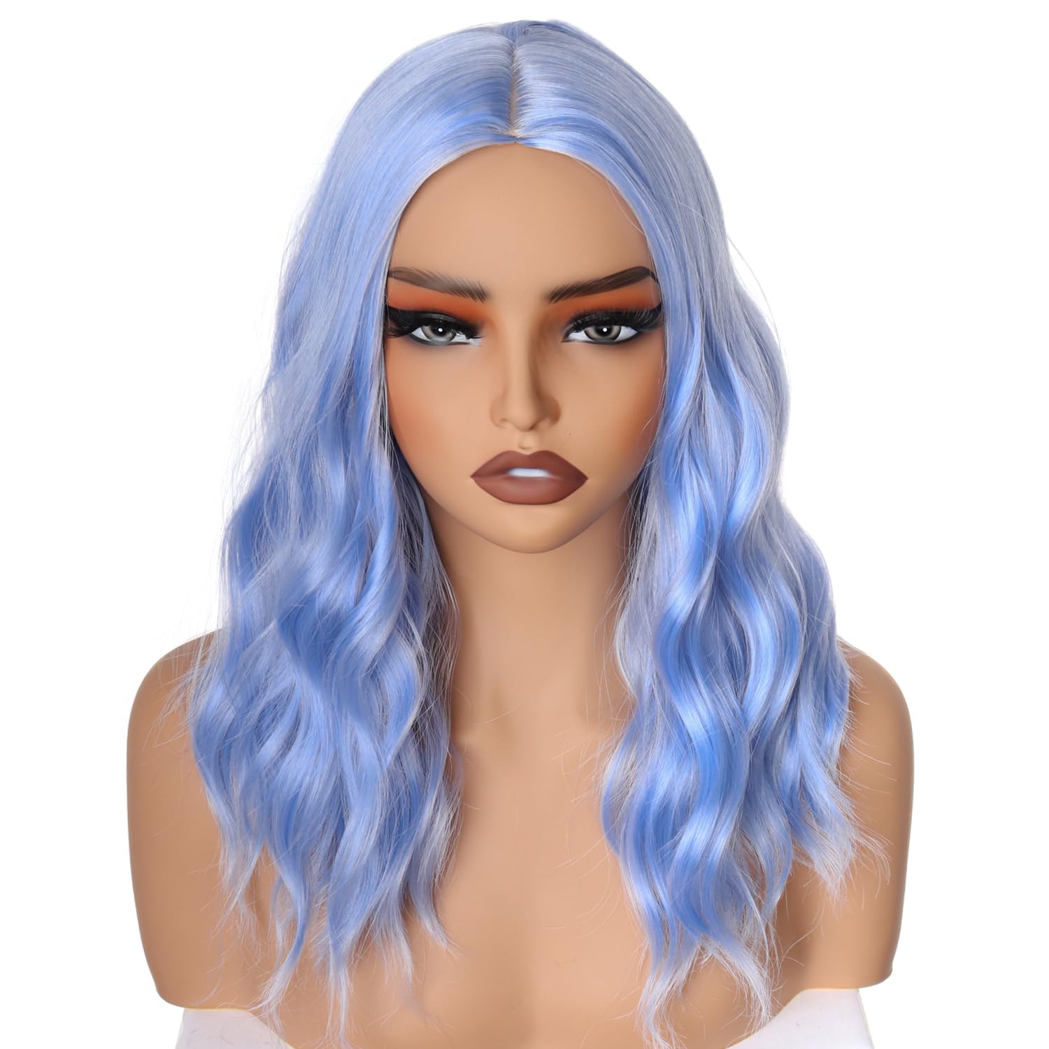 PORSMEER Short Wavy Curly Light Blue Bob Wig Middle Part for Women Girls Beach Wave Wigs for Daily Cosplay Costume Party,Carolina blue - Image 3