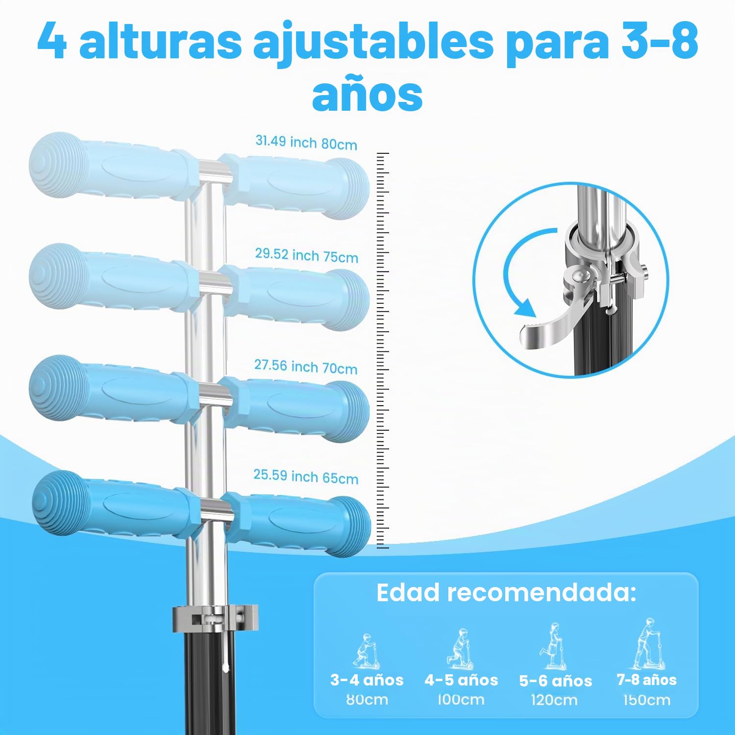 TONBUX Patinete Niño de 3 a 8 años, Patinete Niño con Columna, Ruedas y Bandeja Luminosa, Bandeja Metálica Reforzada, Altura Ajustable 65 – 80 cm, Freno Trasero Sensible, Lean to Steer Design