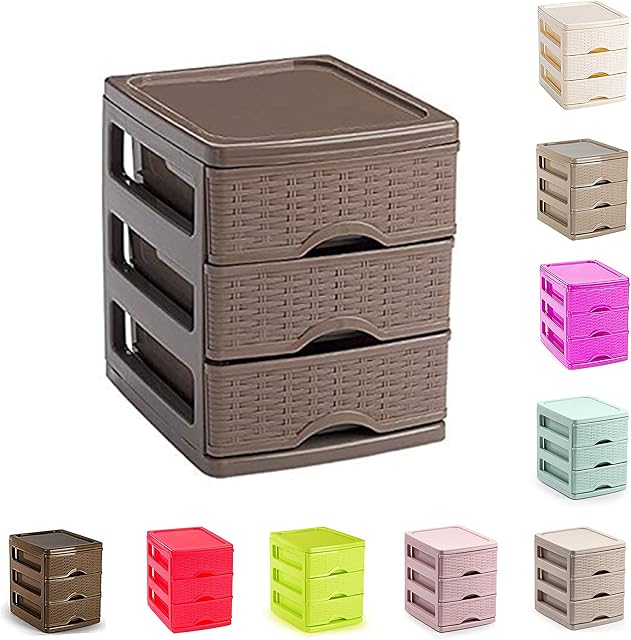 Plastic Desktop Storage Unit with Drawers, Stationary Arts Drawer Desktop Tabletop Organiser Storage Tower Unit for Office Bedroom Garage (3 Drawers (17 x 13.5 x 17cm - Dark Brown Rattan))