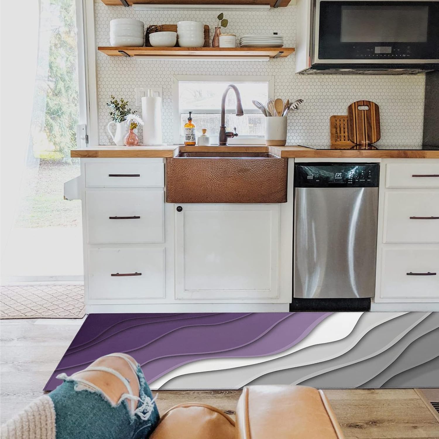 Kitchen Runner Rug, Purple Grey White Wave Stripes Non Slip Runner Carpet Door Mats Floor Mat for Laundry Bedside Bathroom Bedroom Set of 2 Abstract Geometric Lines