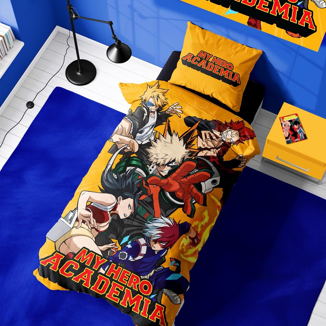 Halantex Orange My Hero Academia Single Reversible Duvet Set – 135 X 200 Cm With Pillowcase – Featuring Midoriya, Bakugo & Todoroki For Anime Fans, Machine Washable