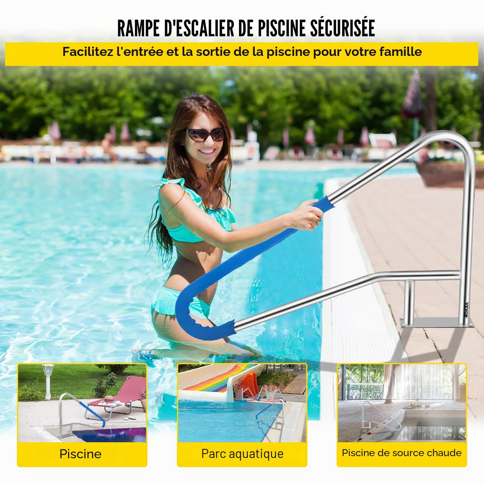 VEVOR Rampe Piscine INOX Main Courante Rail Barre d'Appui de Piscines Tube avec Housse Poignée pour Sortie Entrée Piscine Spa Parc Aquatique (54 x 36 Pouce / 137 x 91,4 cm) BXGYCFS4W54X36YC1