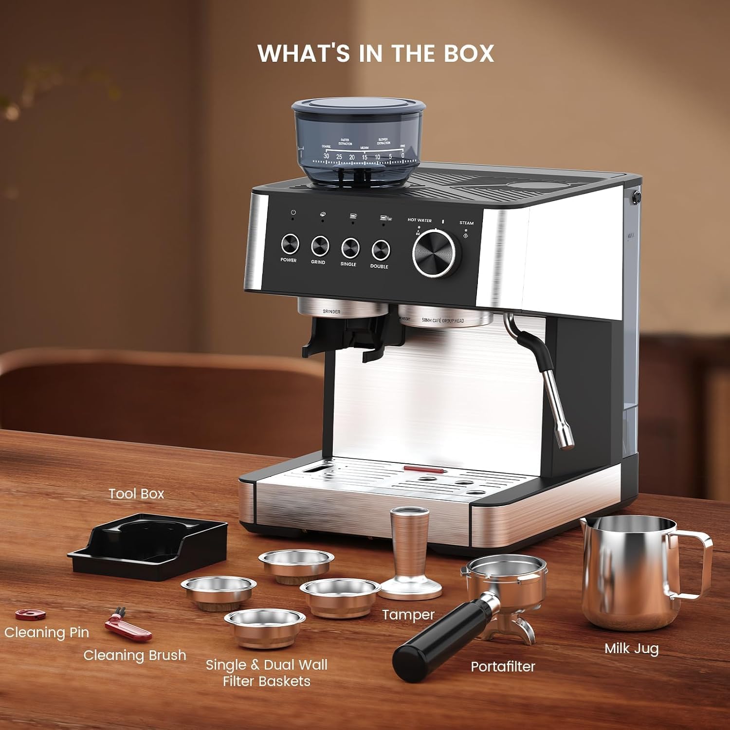 Cafetera Superautomática, Cafetera Automatica con Molinillo Incorporado-2 Cafés, Espumador de Leche Manual, Espresso y Cappuccino, Panel de Control con Botones,30 Ajustes de Molienda,Depósito de 2.3 L | Máquina de espresso