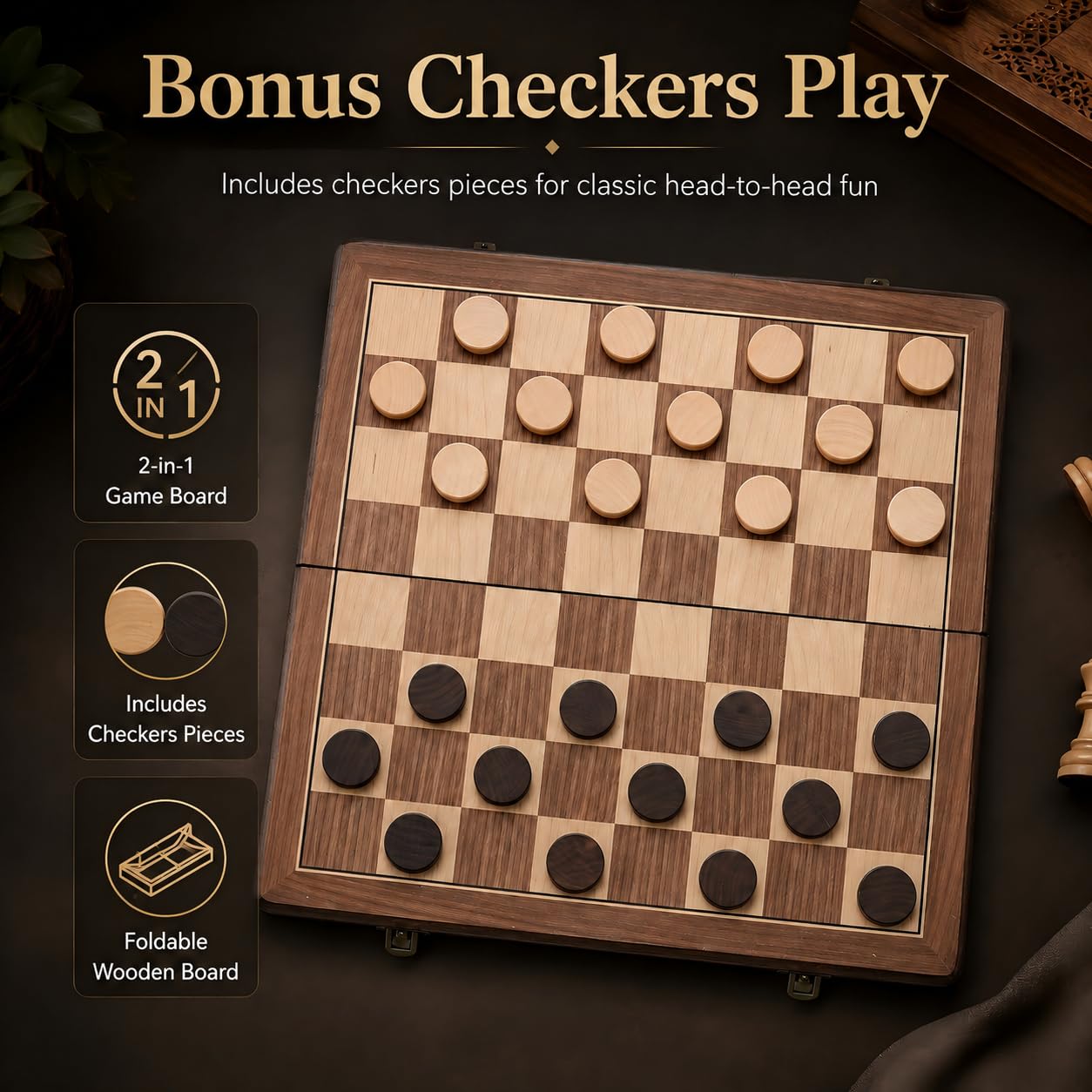 38 cm Holz Klapp-Schach- und Dame-Set, 2-in-1 Brettspiel, 7,6 cm König Staunton Figuren, 2 zusätzliche Damen (Vintage)
