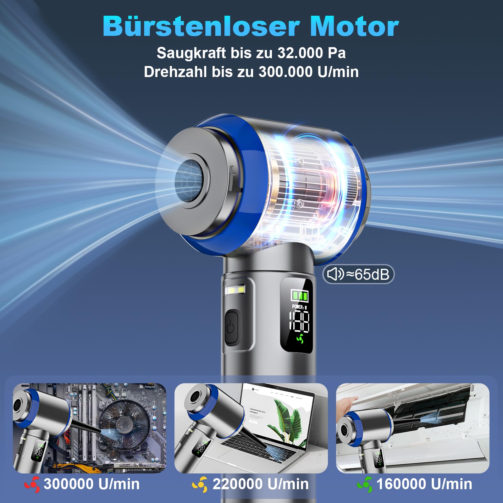 Handstaubsauger Akku, 4-in-1 Handstaubsauger, 32000PA Auto Staubsauger Stark, Handstaubsauger Auto, 3-Gang 300000 U/min Staubsauger, Bürstenlosem Motor, LCD Display Autostaubsauger, für Auto, Büro