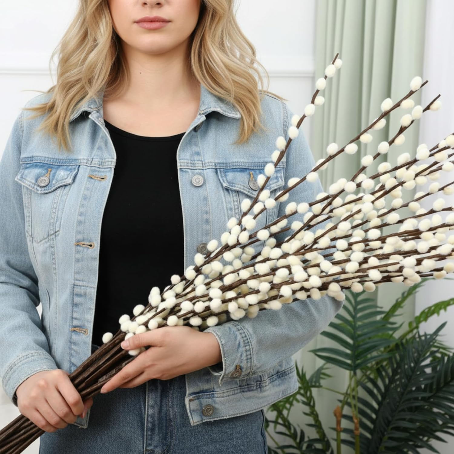 Thiccywoov 10 Stems 31.5 Inch Artificial Pussy Willow Branches for Vases Dried Flower Stem with White Flower Faux Snow Willow Branches for Indoor Outdoor Wedding Home Party Fireplace Yard Decoration