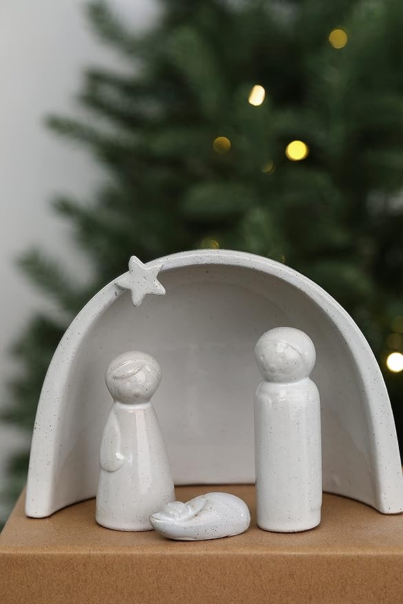 WONDROUS' DECO Porcelain Nativity Scene Set,4Pcs Ceramic Christmas Tabletop Scene-4.5" Tall,Small Modern Nativity Ornament,Christmas Indoor Decor,Mini Sets&Nativity Figures,Unique Xmas