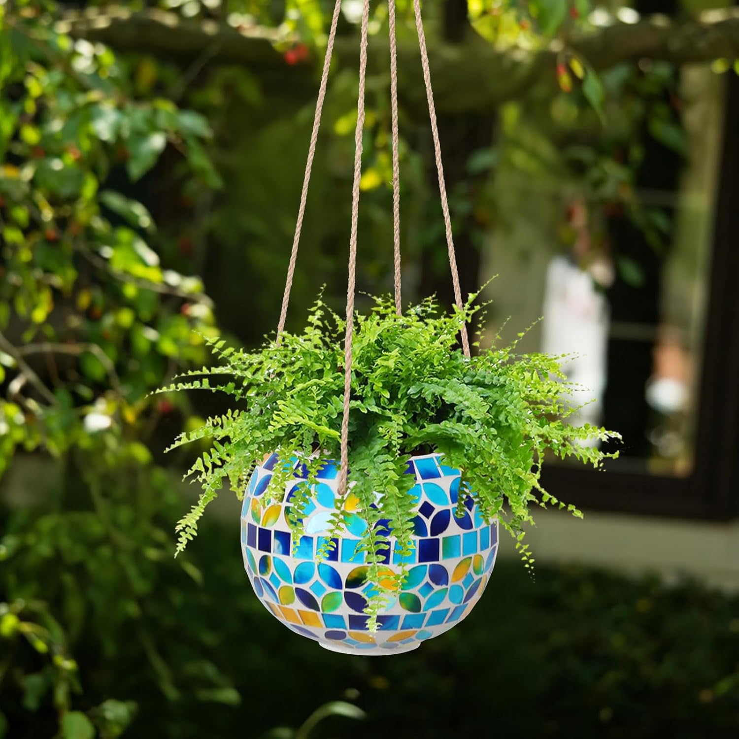 Ceramic Hanging Planter Mosaic Hanging Flower Pot Small Plant Pot for Indoor Plant Garden Decor Disco Ball Planter with Drainage Square Blue