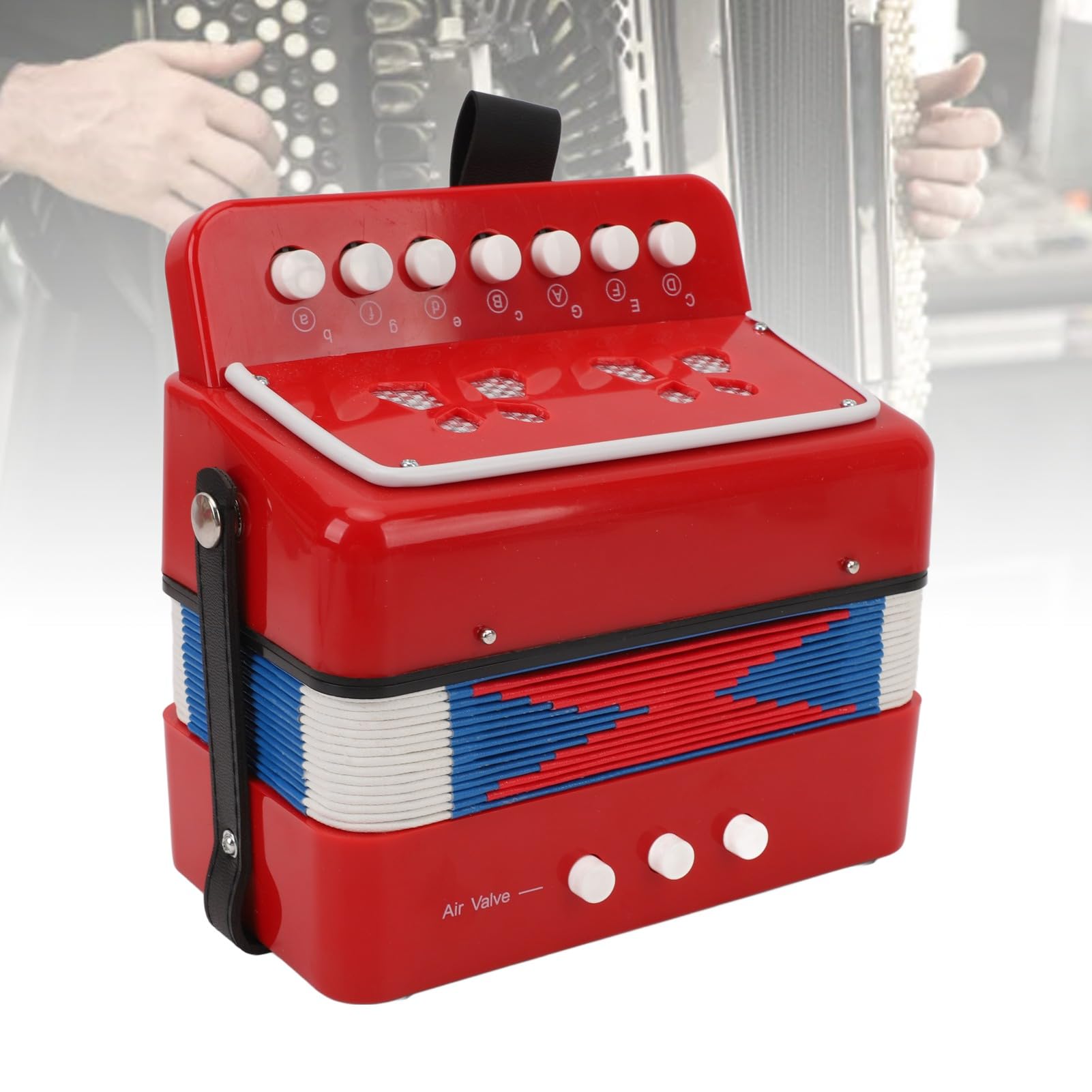 Mini Accordion 7 Key 2 Bass, Instrumento de educación musical, material ABS con fuelle de cuero, Guía de aprendizaje incluida, portátil con hebilla de cinturón