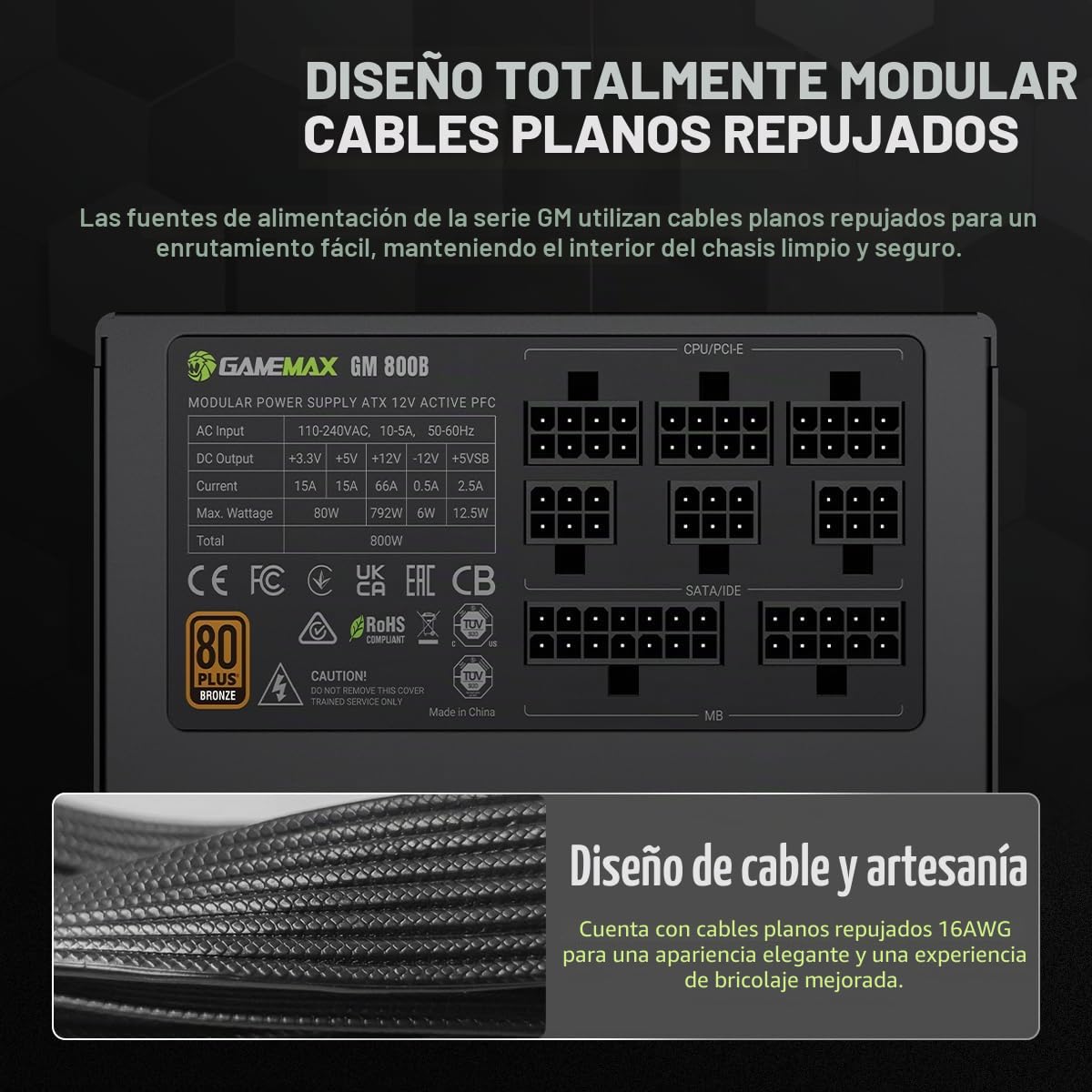 GAMEMAX GM 800B Fuente de Alimentación PC 800W, Full Modular, 80 Plus Bronze, PFC Activo y DC-to-DC, Ventilador de 140 mm, condensadores, 7 Protecciones de Seguridad