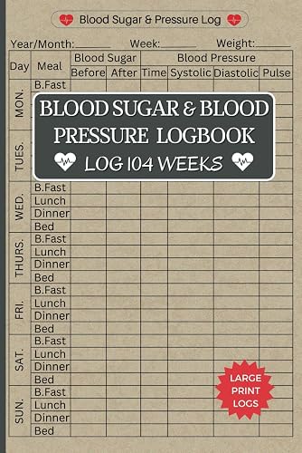 Blood Pressure &amp; Blood Sugar Logbook Large Print: Log book For Daily &amp; Weekly Tracking of Blood Glucose, Pressure Levels &amp; Heart Rate For Diabetic Patients. Record 2 Year Data. (Medical Logbooks)