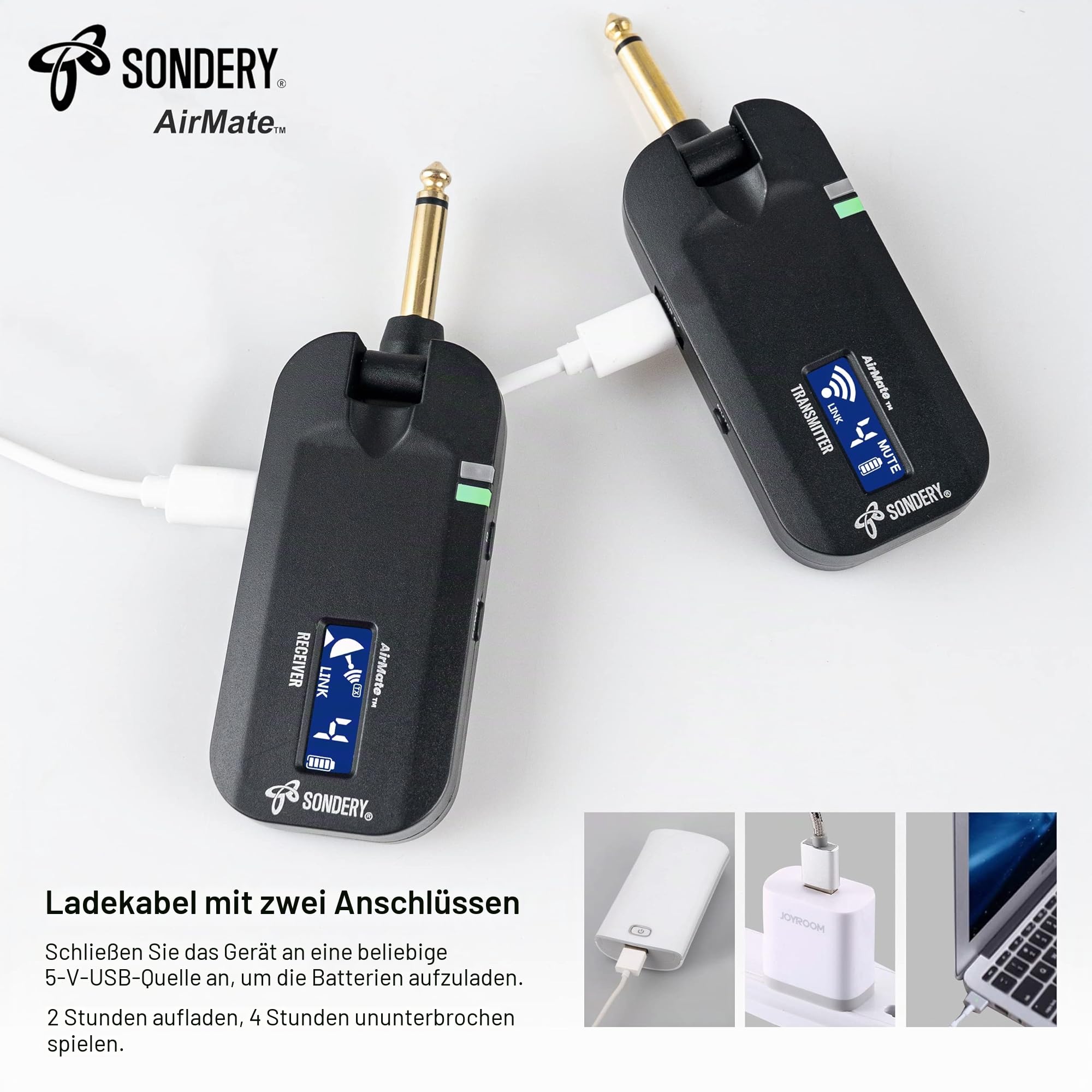 Sondery Kabellos 5,8GHz Gitarren Sender Empfänger, digitales Gitarrensystem wiederaufladbar, kabelloses Gitarren-Basskabel für Gitarren-Bass