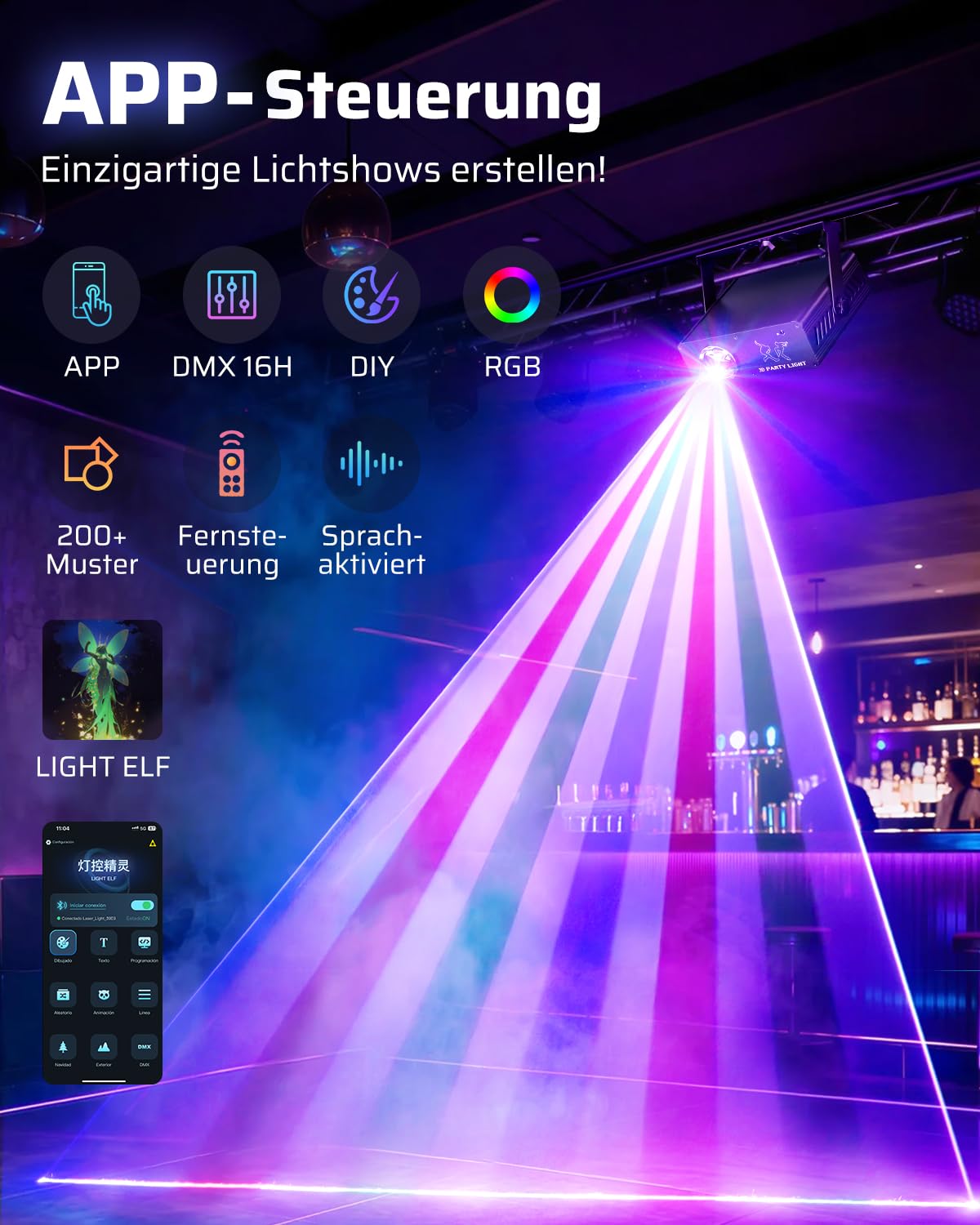 KeoBin Discolicht mit Bluetooth App, 3D DIY Animation DJ Licht DMX512 | Individuelle Muster & Texte, 600+ Effekte, DMX512, Musiksteuerung, Fernbedienung, Master-Slave, Party & Club