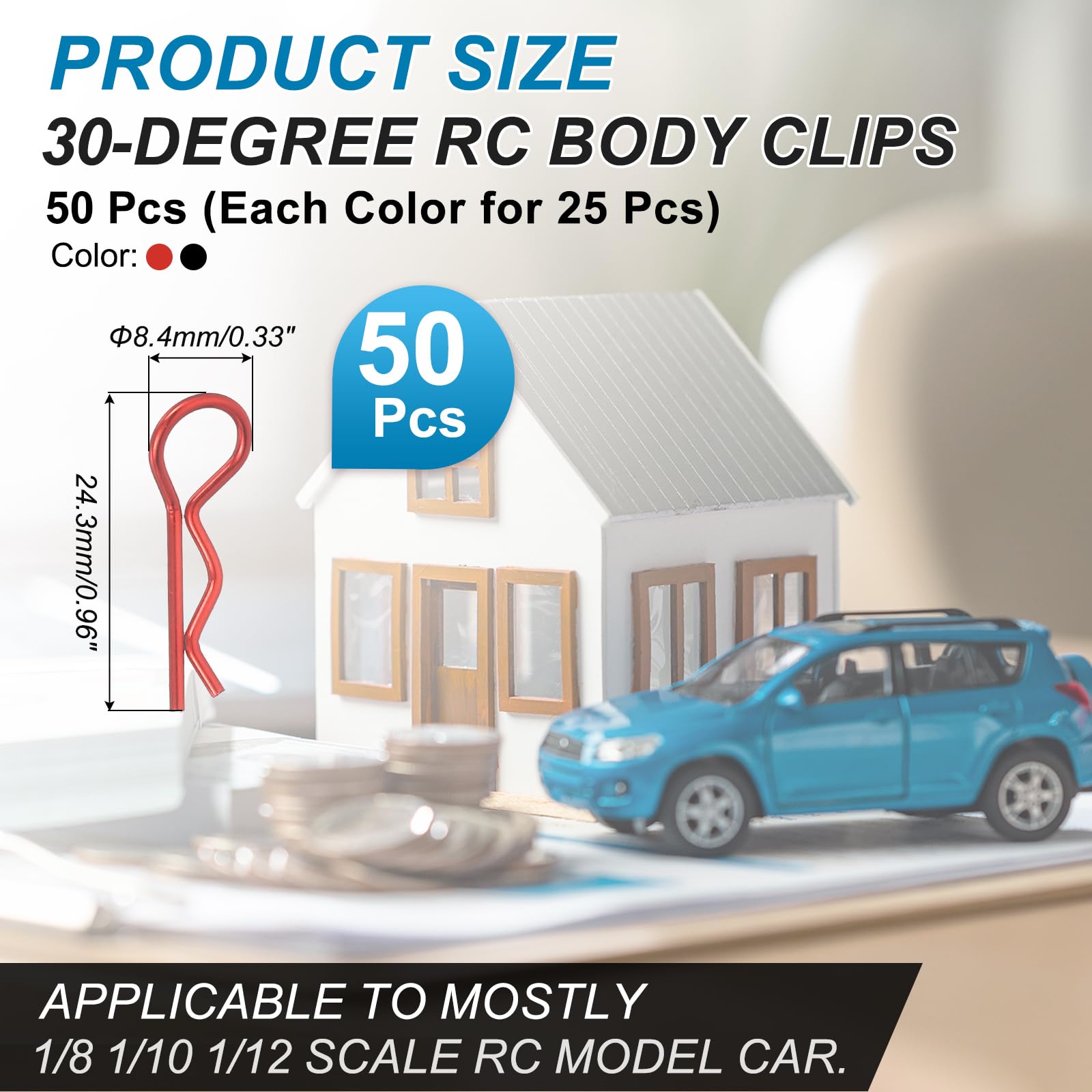 MECCANIXITY 50pcs 30-Degree Angle RC Body Clips Bent Springy R Pins 24.3x1.2x8.4mm for All 1/8 1/10 1/12 Scale Model RC Car Crawler Truck,Shell Replacement Parts(Black/Red)