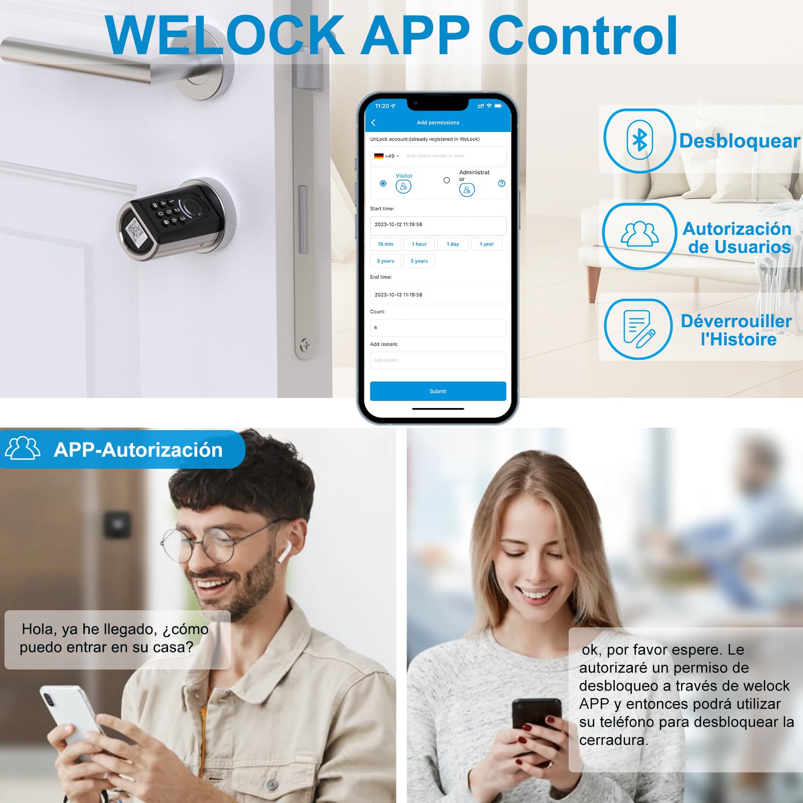 WELOCK ToucA51 Cerradura inteligente,Cerradura con huella digital,Código,Tarjeta RFID,APP,Cerradura Electronica WiFi,Smart Lock IP65,Fácil de Instalar,cerradura inteligente puerta exterior de 30-70mm