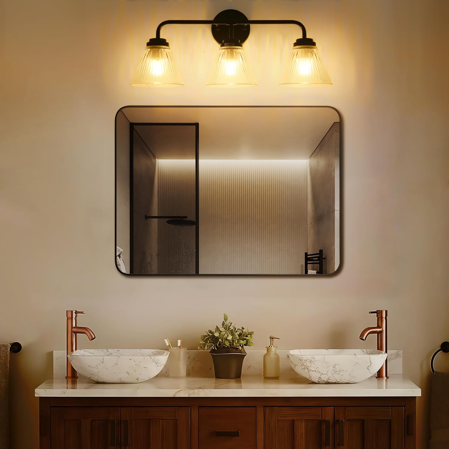 Modern Black Bathroom Vanity Light, 3-Light Wall Sconce with Clear Ribbed Glass Shades, Farmhouse Industrial Light Fixture for Bathroom, Vanity Mirror, Powder Room, Hallway (black, Powder Coated, 3)