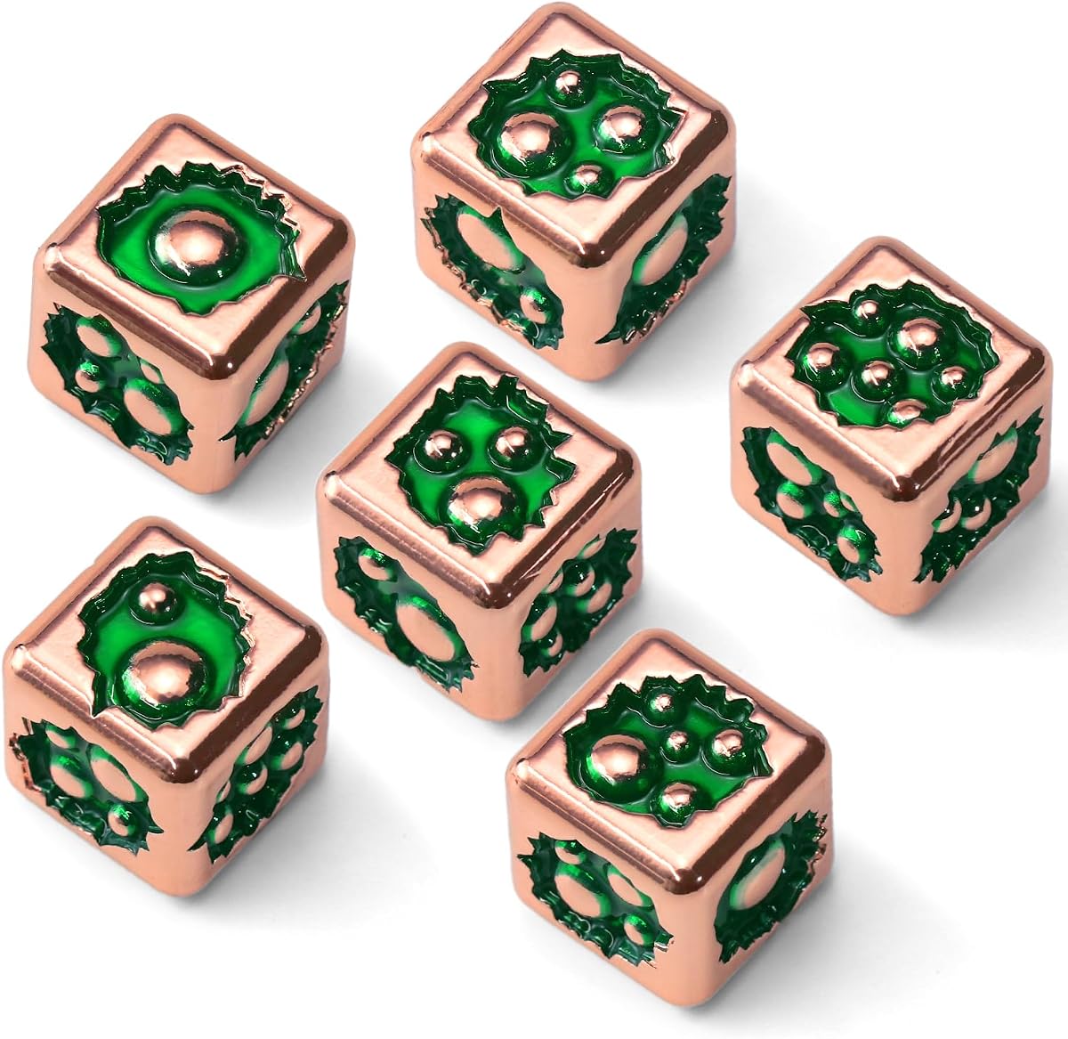 FONVGOGO Metal D6 Dice Set 15mm, 6 Sided Dice for DND, RPG, Board Games | Cool Unique Dice 6 Pcs for Dungeons and Dragons TTRPG, Gift for DND Lover and Dice Collector, Rose Gold Green