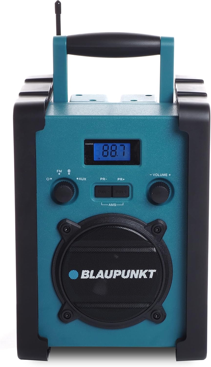 Depan view of the Blaupunkt BSR 20 jobsite radio, showing the display, controls, and speaker.
