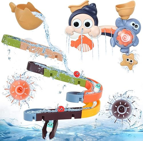 Juguetes de baño para niños pequeños de 1 a 3 años, juego interactivo de juguete para bañera para bebé con rieles de pared, juguetes de rueda de