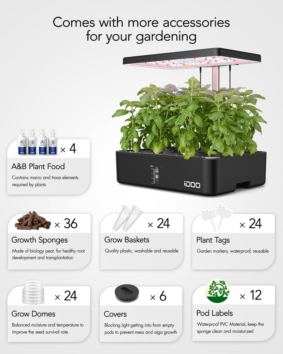 iDOO Hydroponics Growing System Kit 12Pods, Christmas Gifts for Women Men, Herb Garden Indoor with LED Grow Light for Home, Built-in Fan, Auto-Timer, Adjustable Height Up to 11.3", 12Pods Kit-Black - Image 3