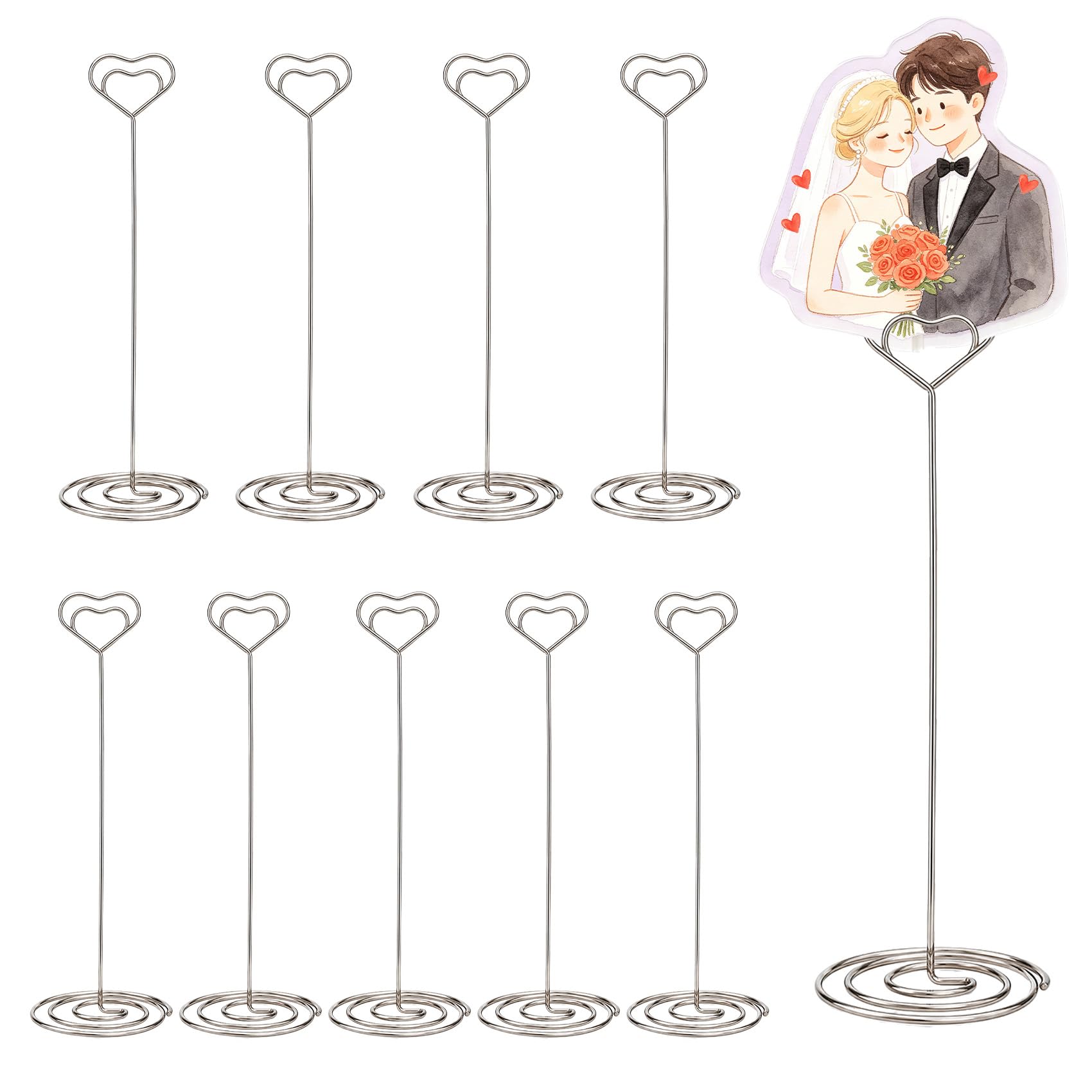 10Pcs 220mm Heart Shaped Place Card Holder,Silver Wire Heart-Shaped Stands