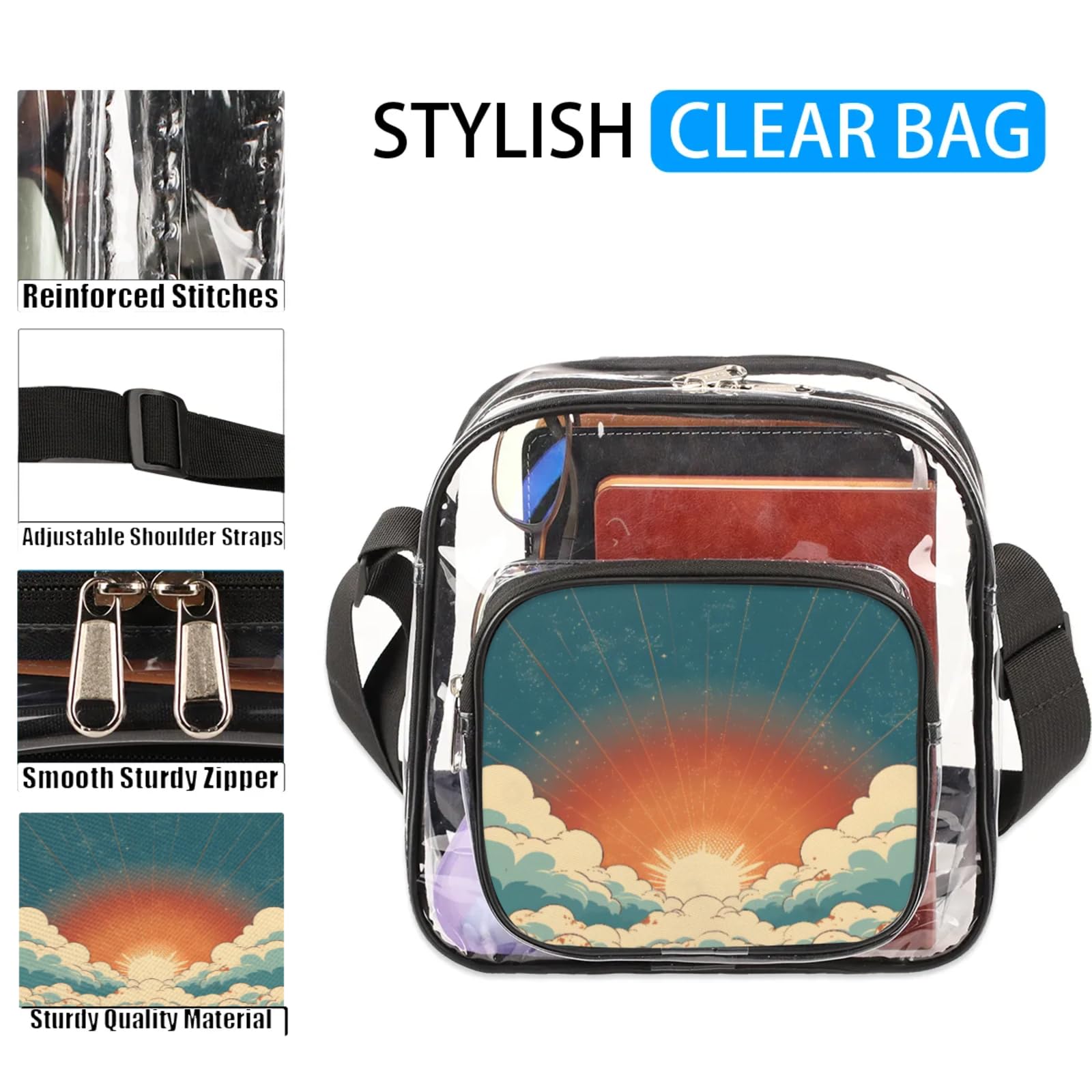 Clear Crossbody Bag Stadium Approved Sunrise Transparent Bag for Festivals, Sports Events, Concerts,Beach Bag for Women Men Clear Purse with Front Pocket Messenger Bag with Adjustable Strap