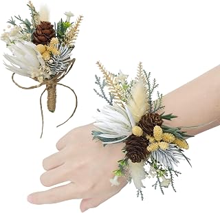 Dried Rustic Artificial Wrist Corsage and Boutonniere Set, Set of 2, Wristband Bride Hand Flower Men Boutonniere for Groom Wedding Party Prom Homecoming