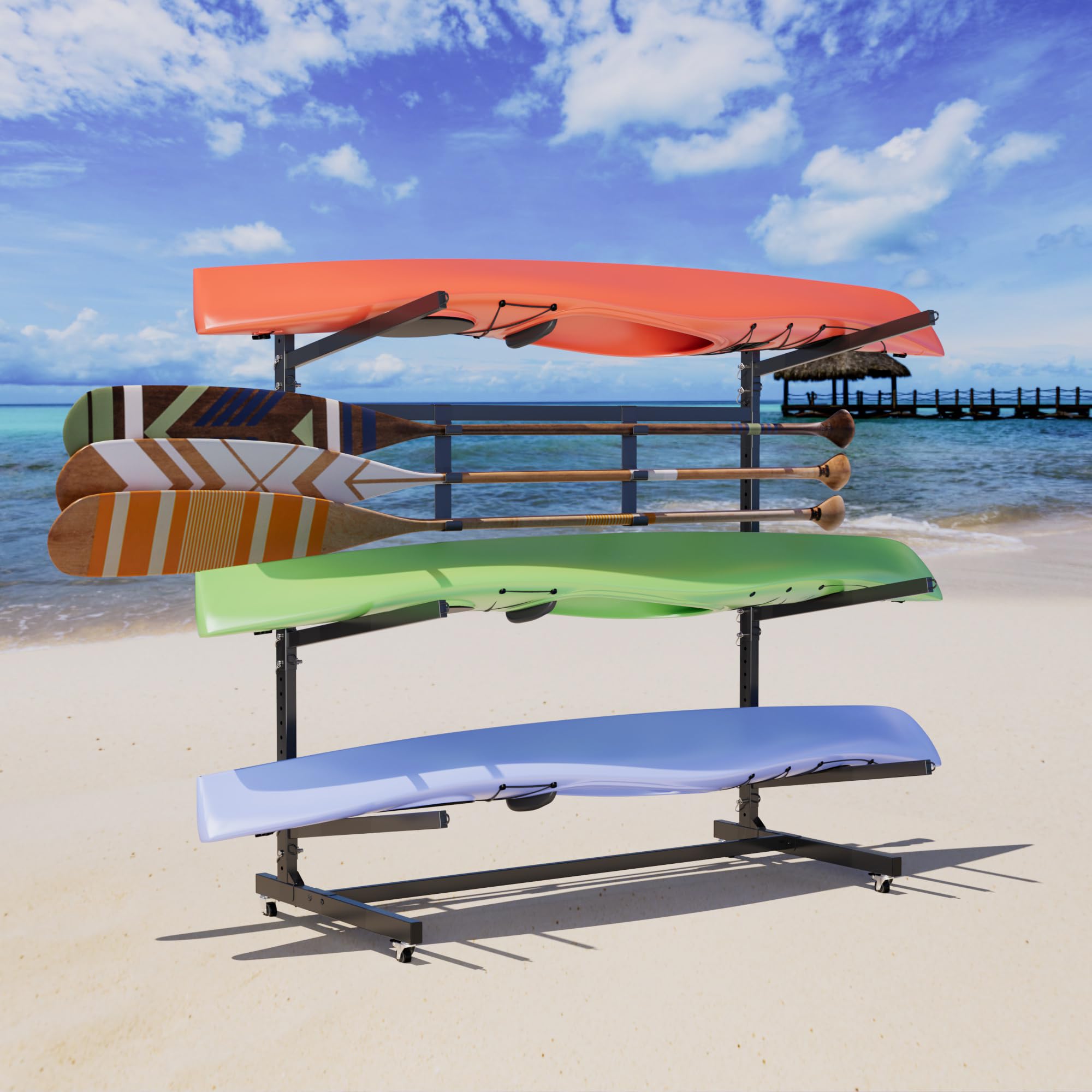 METALYEYE Upgrade 59 '' W 3 Levels Outdoor Indoor Kayak Storage Rack with Wheels & Paddle Hook,Heavy Duty Metal Storage Rack for Kayak, Canoe, Surfboard & Paddleboard,Black