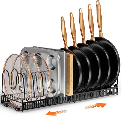 Organizador de tapas para sartenes y ollas expandibles, organizador de ollas para organizadores de gabinetes de cocina y almacenamiento con 12